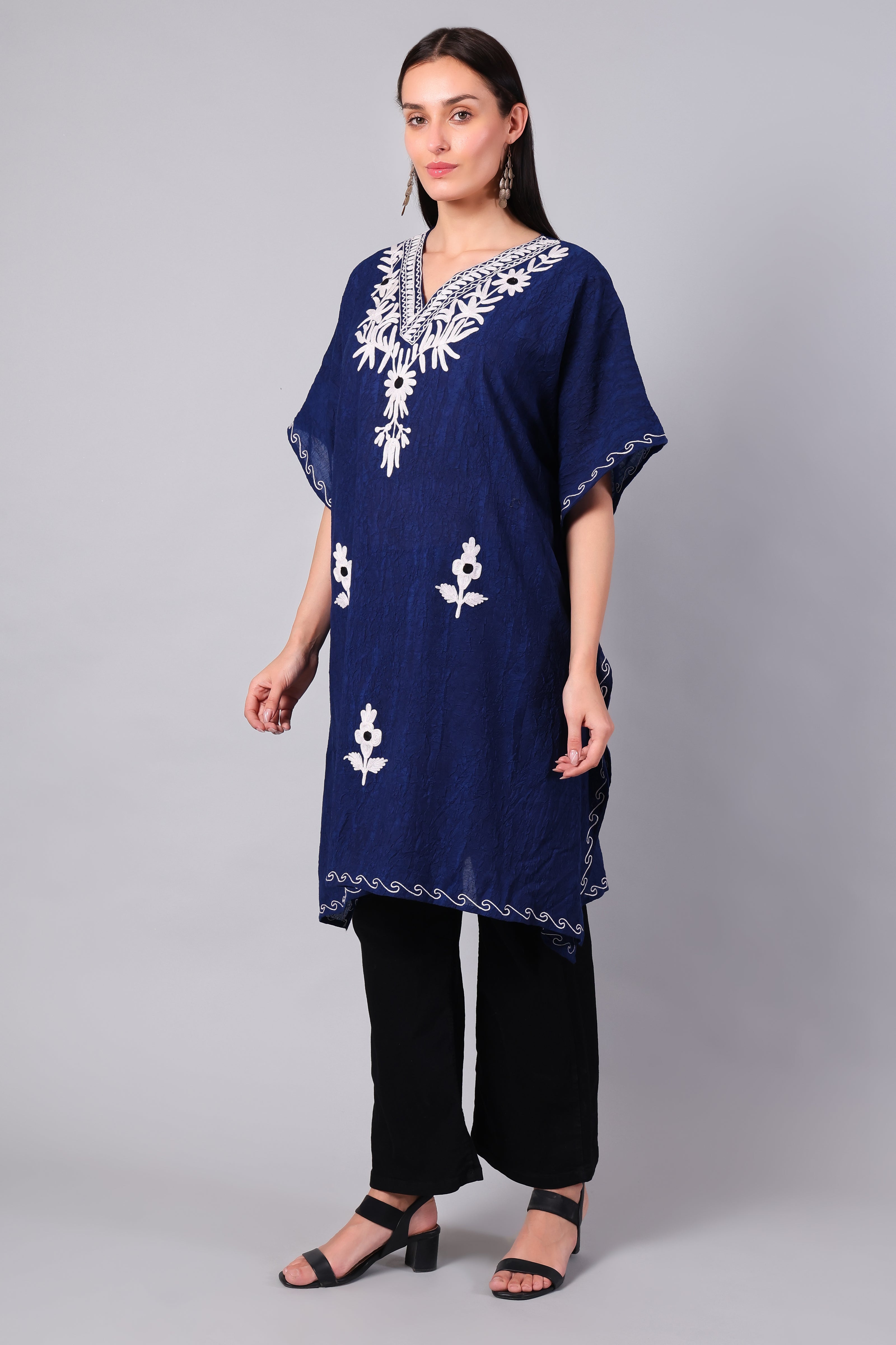 Novbahar Royal Blue Kashmiri Kaftan with White Aari Embroidery