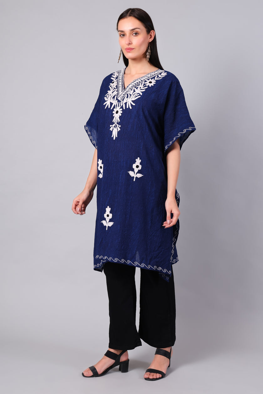 Novbahar Royal Blue Kashmiri Kaftan with White Aari Embroidery