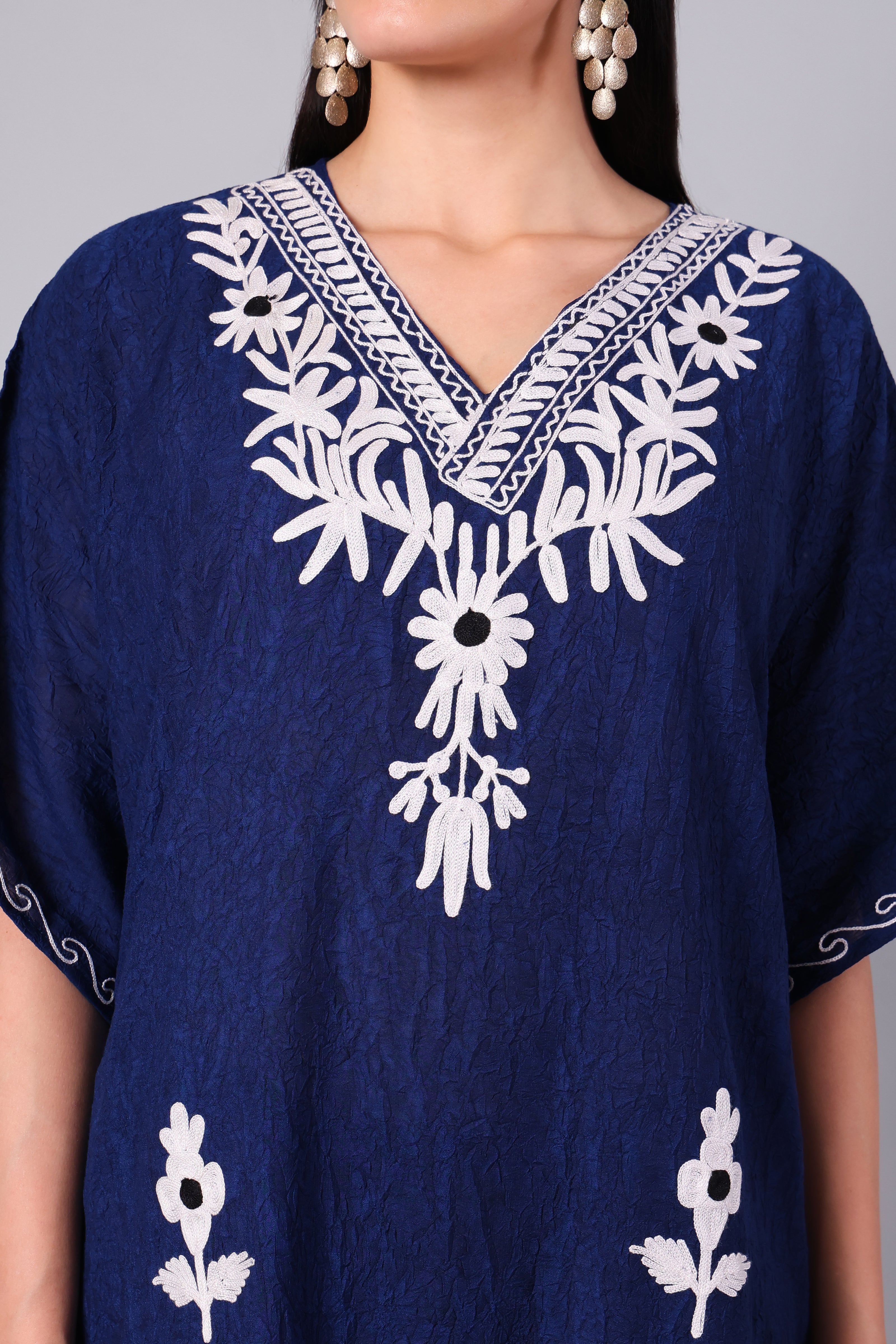 Novbahar Royal Blue Kashmiri Kaftan with White Aari Embroidery