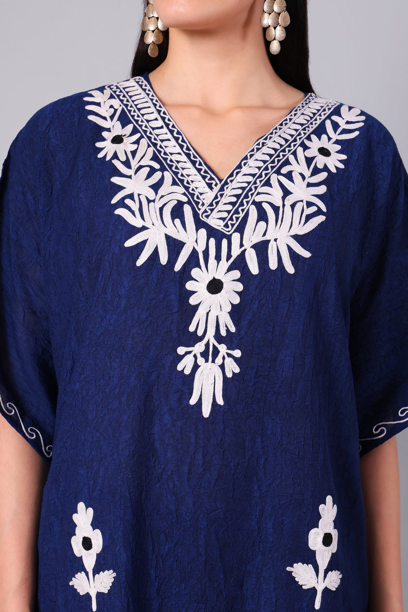 Novbahar Royal Blue Kashmiri Kaftan with White Aari Embroidery