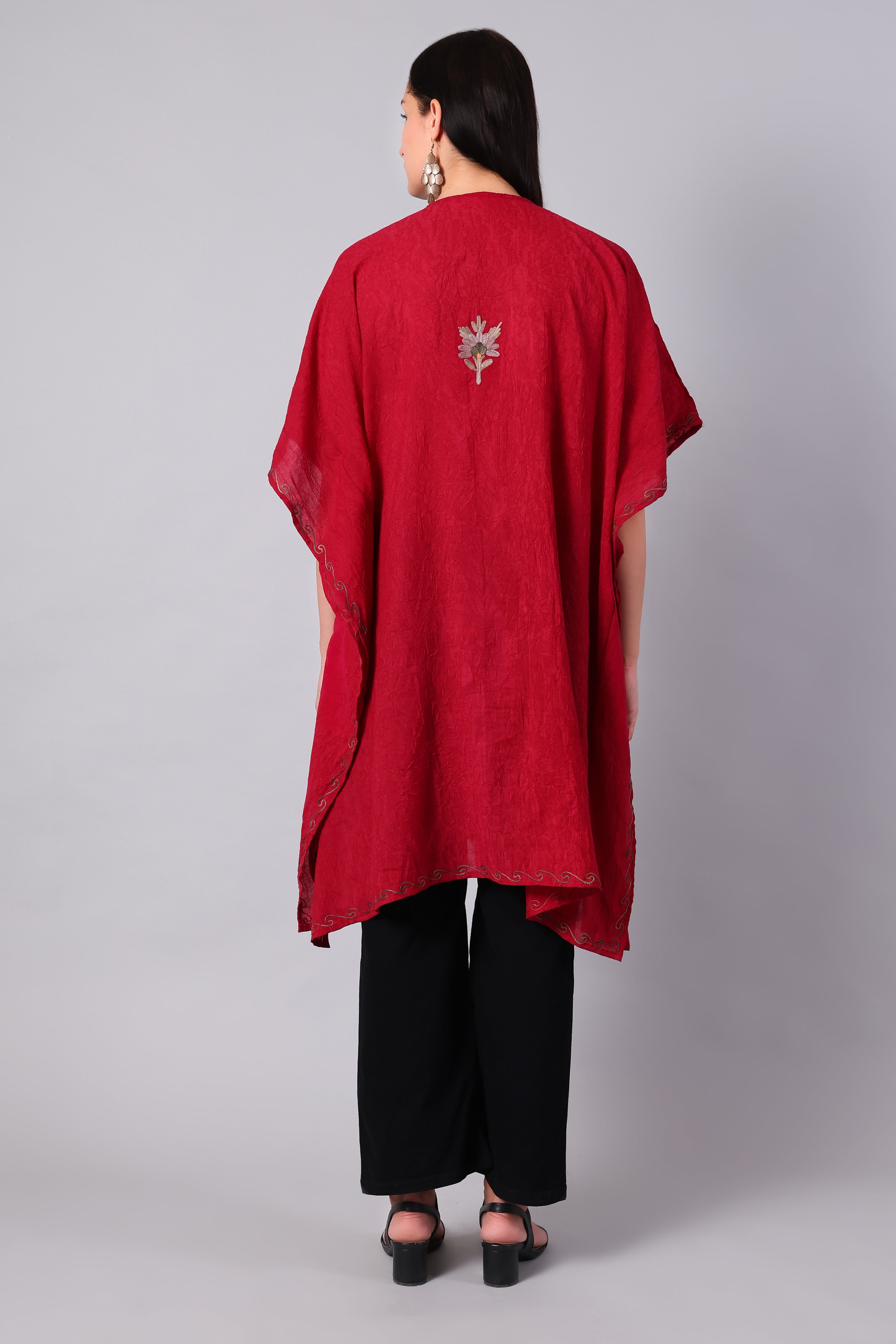 Novbahar Garnet Red Kashmiri Kaftan with Ivory and Sage Aari Embroidery