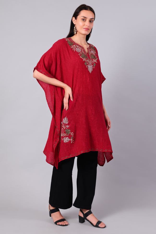 Novbahar Garnet Red Kashmiri Kaftan with Ivory and Sage Aari Embroidery