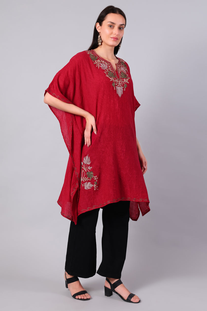 Novbahar Garnet Red Kashmiri Kaftan with Ivory and Sage Aari Embroidery