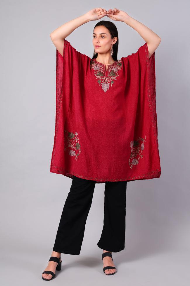 Novbahar Garnet Red Kashmiri Kaftan with Ivory and Sage Aari Embroidery