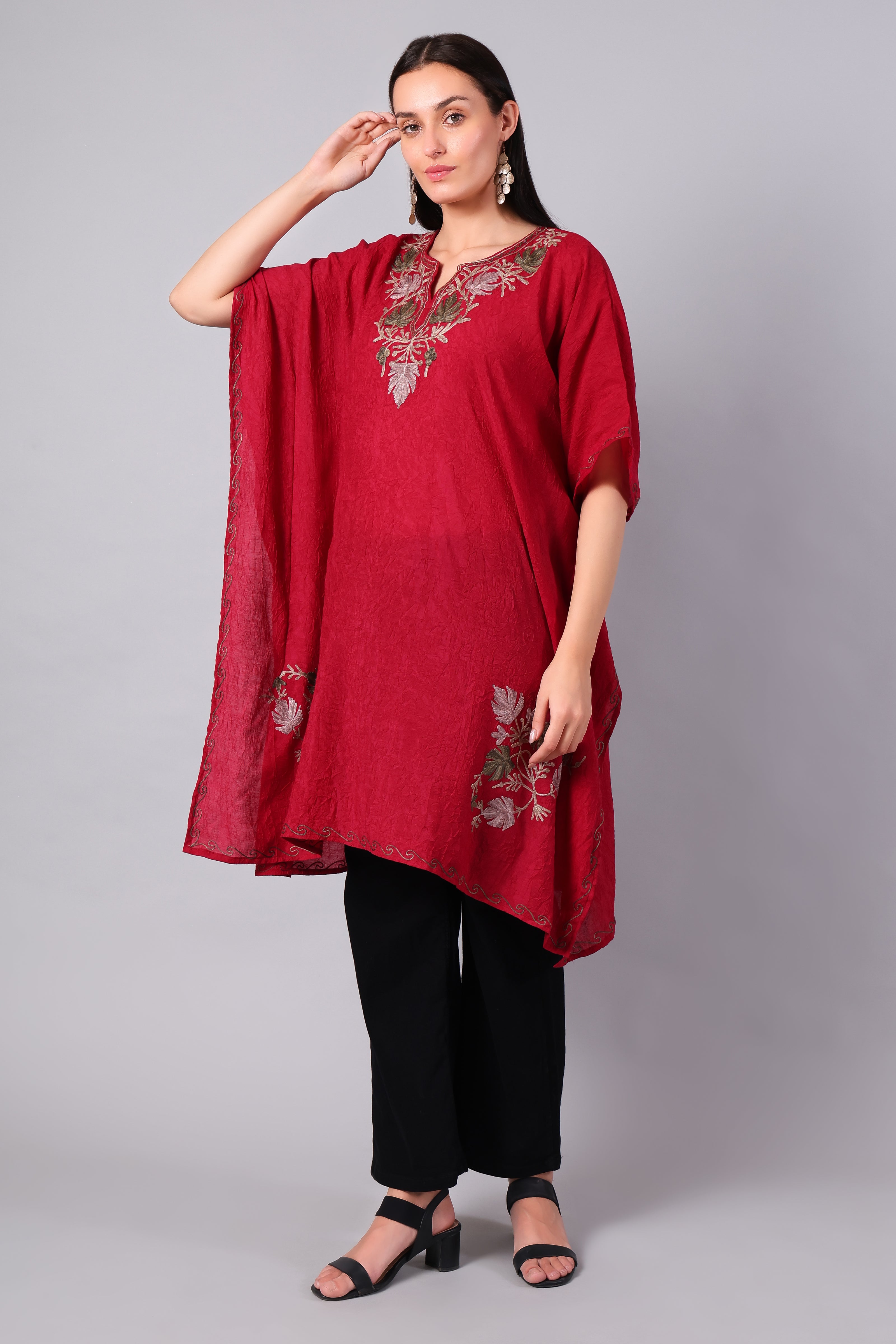 Novbahar Garnet Red Kashmiri Kaftan with Ivory and Sage Aari Embroidery