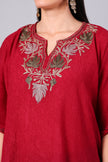 Novbahar Garnet Red Kashmiri Kaftan with Ivory and Sage Aari Embroidery