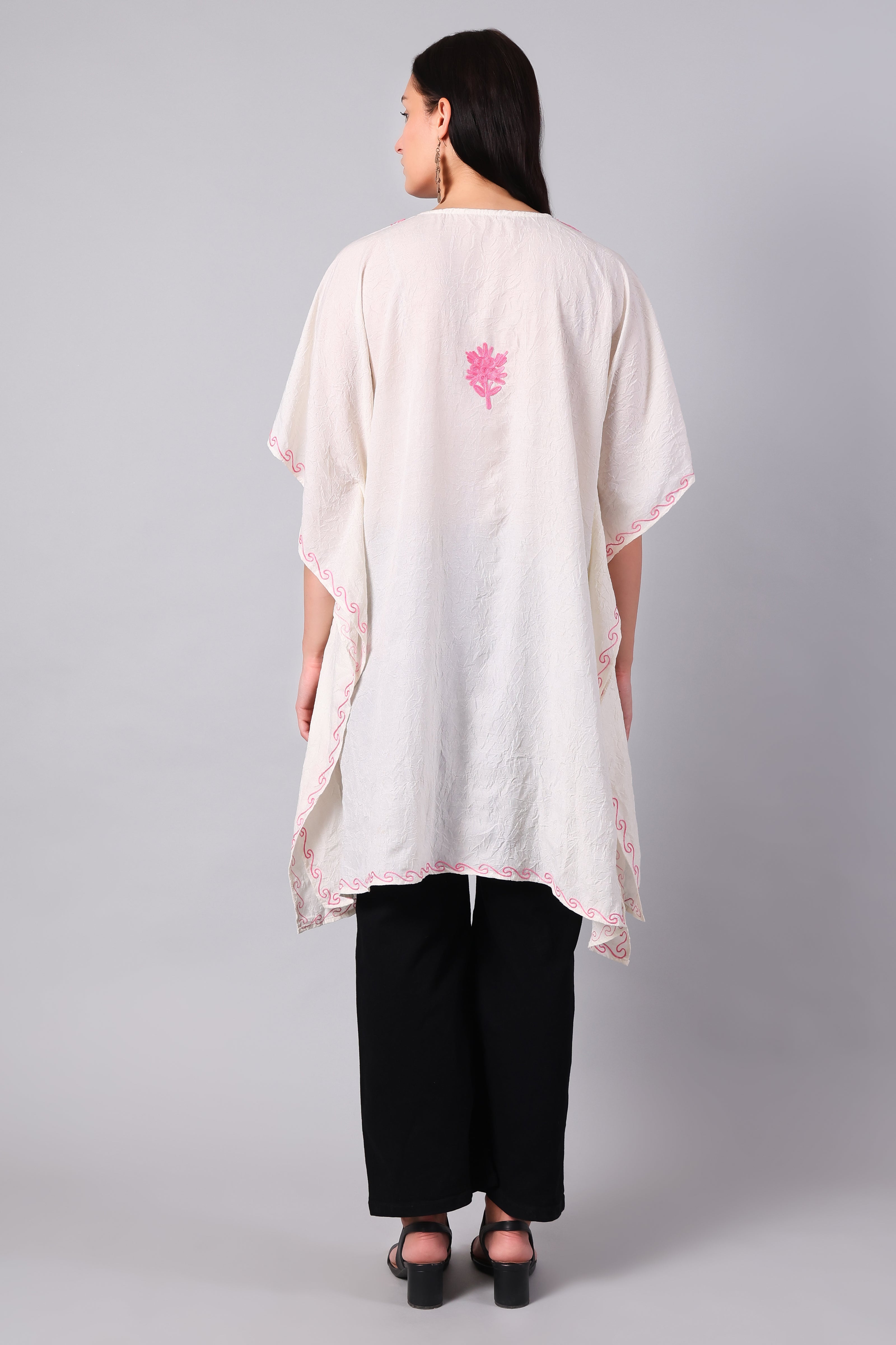 Novbahar White Kashmiri Kaftan with Hot Pink Aari Embroidery