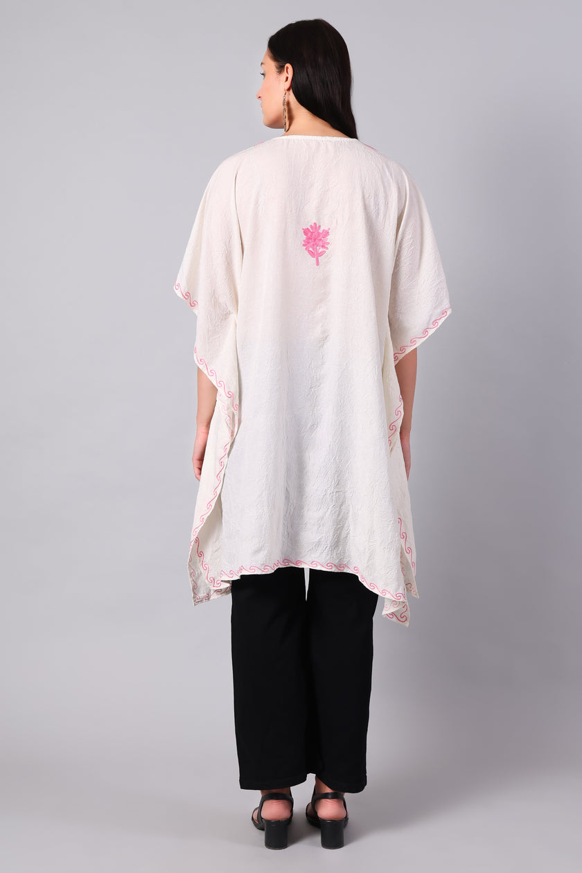 Novbahar White Kashmiri Kaftan with Hot Pink Aari Embroidery