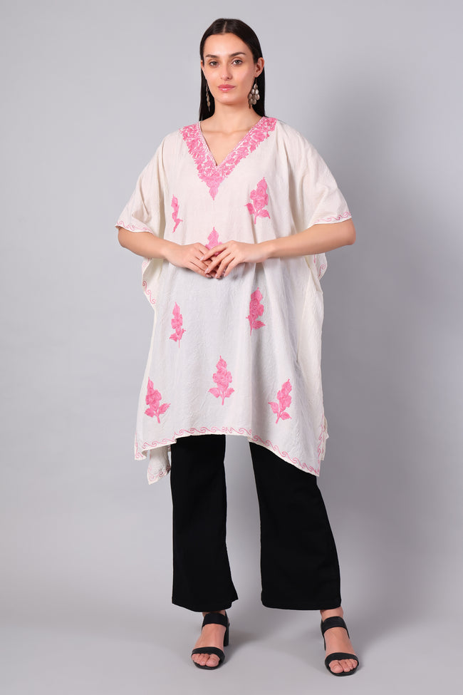 Novbahar White Kashmiri Kaftan with Hot Pink Aari Embroidery