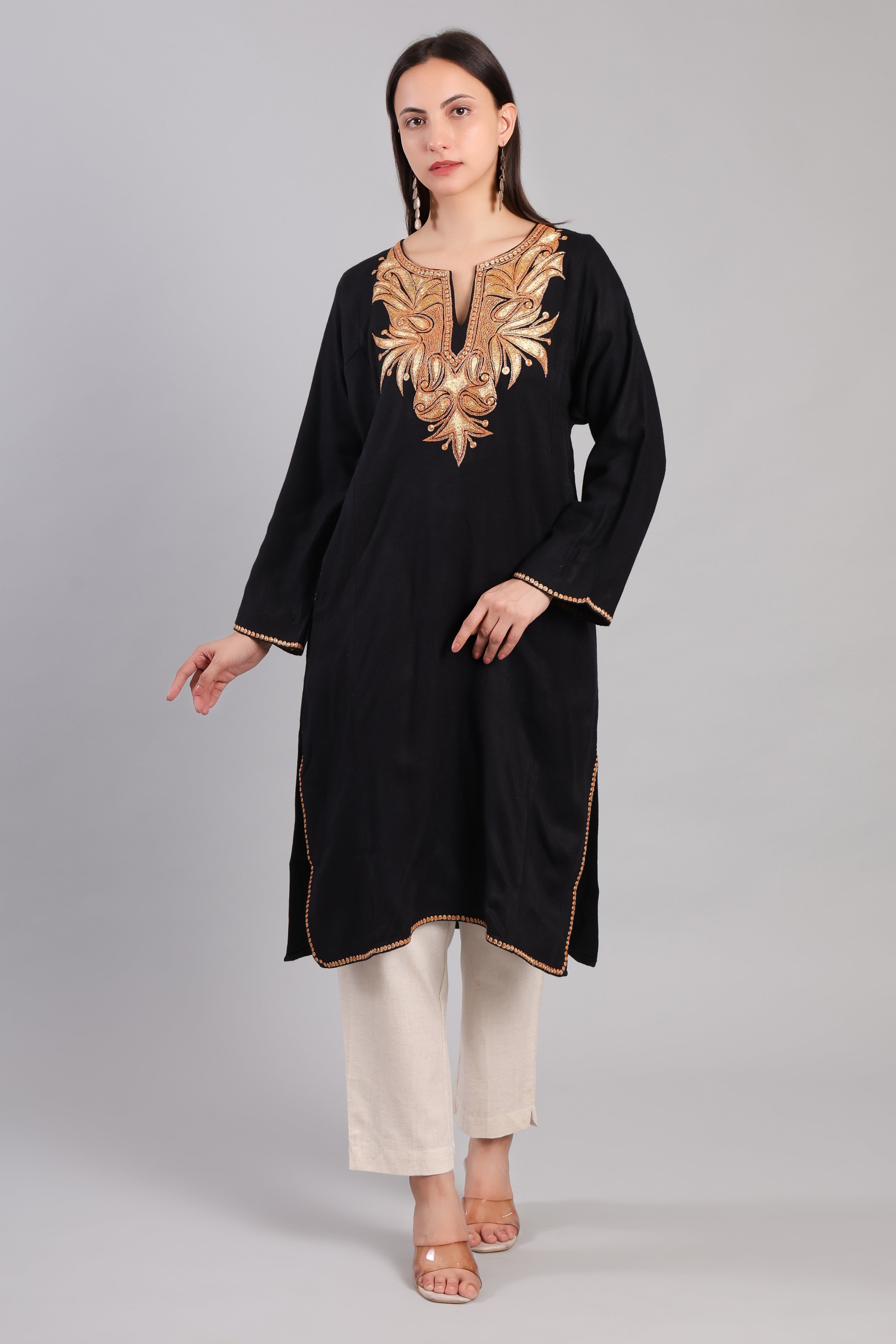 Black Kashmiri Woolen Pheran with Golden Boti Tilla Embroidery