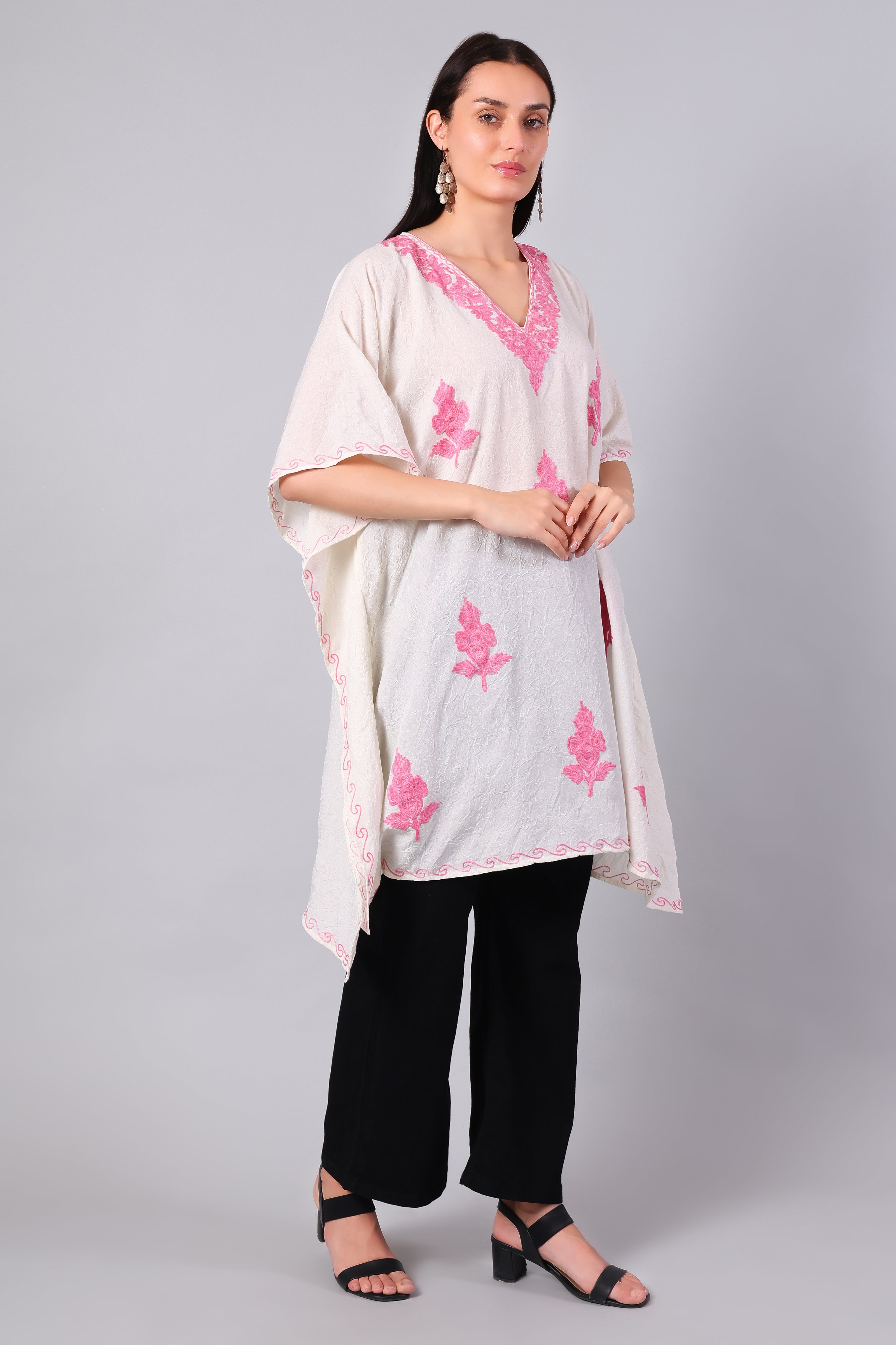 Novbahar White Kashmiri Kaftan with Hot Pink Aari Embroidery