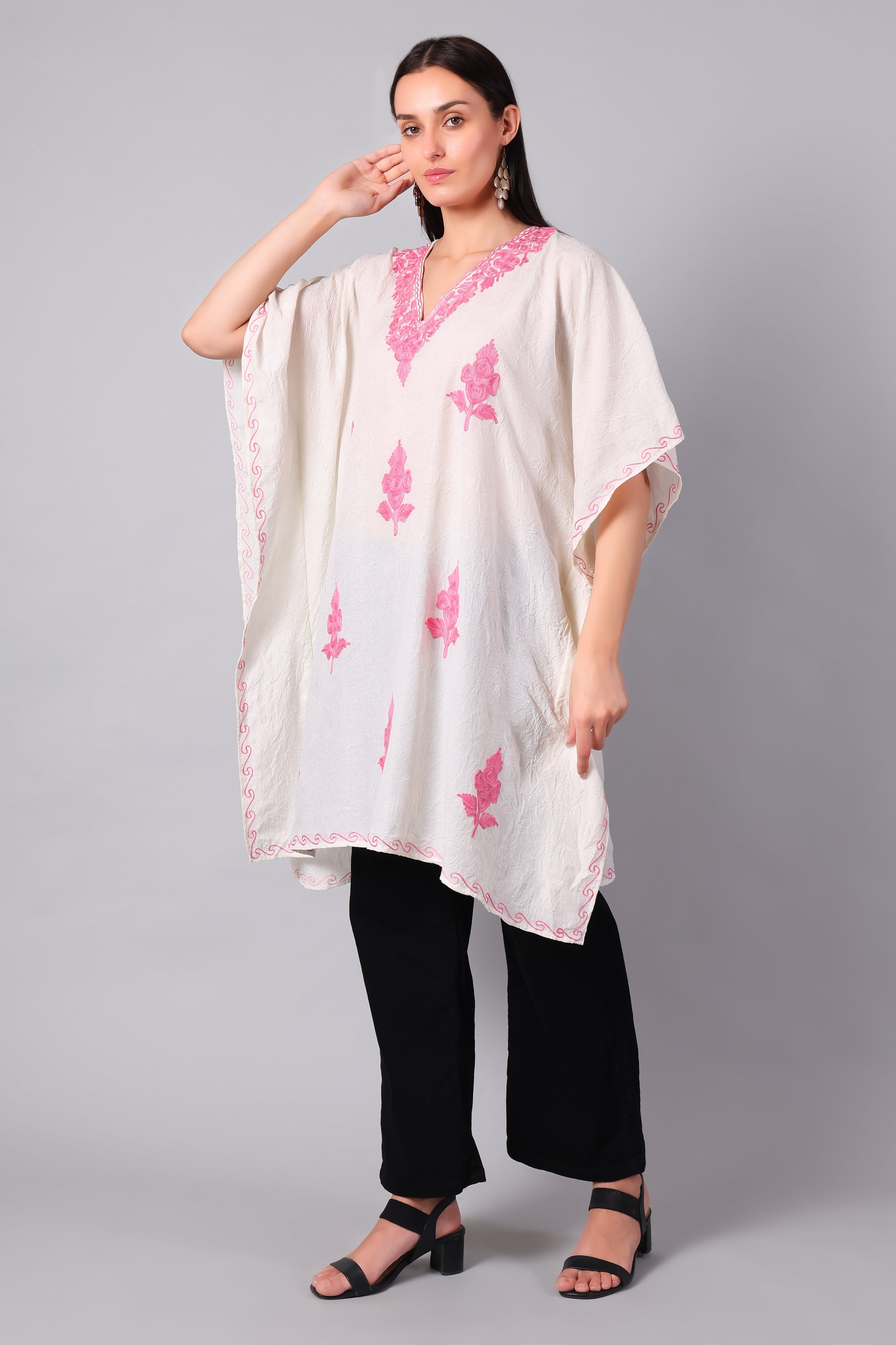 Novbahar White Kashmiri Kaftan with Hot Pink Aari Embroidery