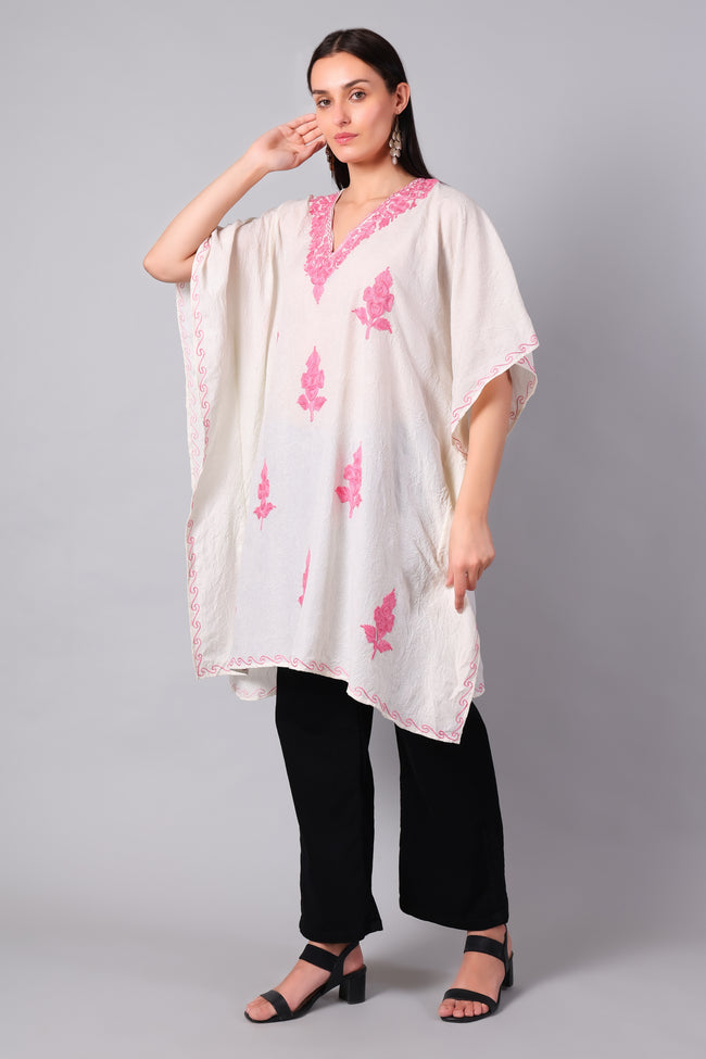 Novbahar White Kashmiri Kaftan with Hot Pink Aari Embroidery