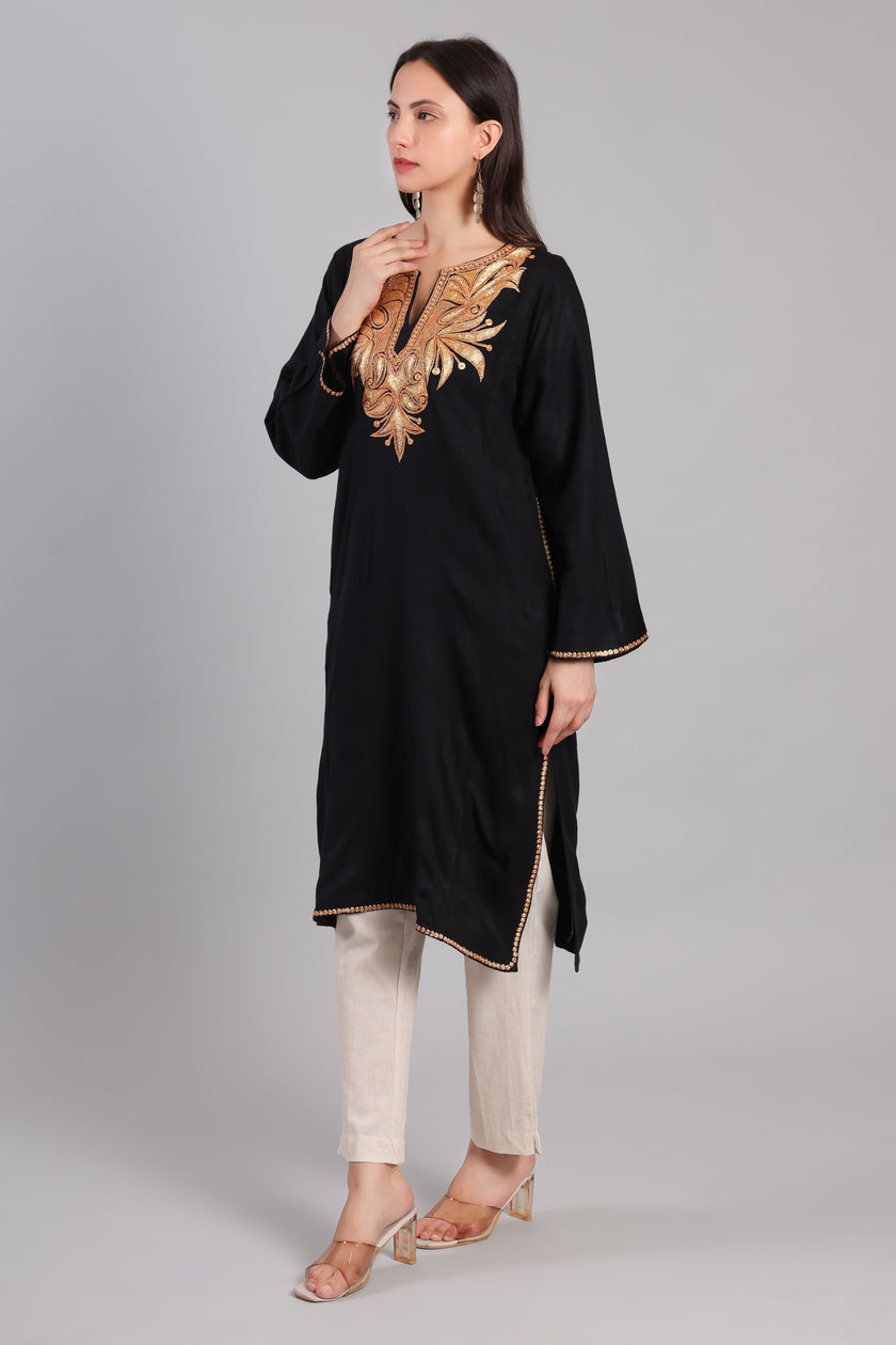 Black Kashmiri Woolen Pheran with Golden Boti Tilla Embroidery