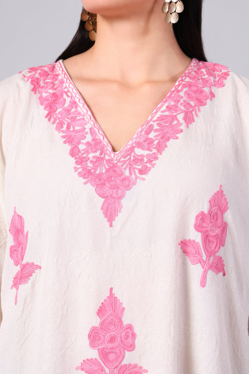 Novbahar White Kashmiri Kaftan with Hot Pink Aari Embroidery