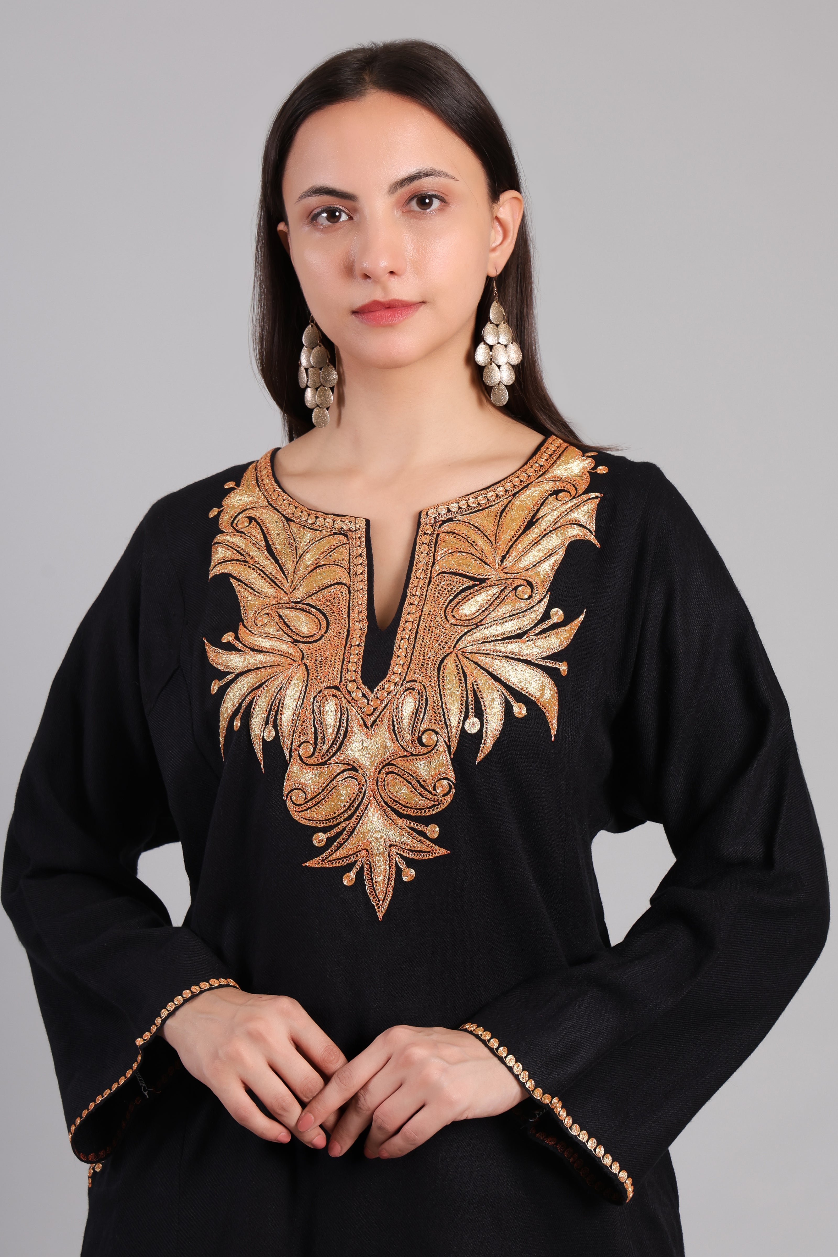 Black Kashmiri Woolen Pheran with Golden Boti Tilla Embroidery