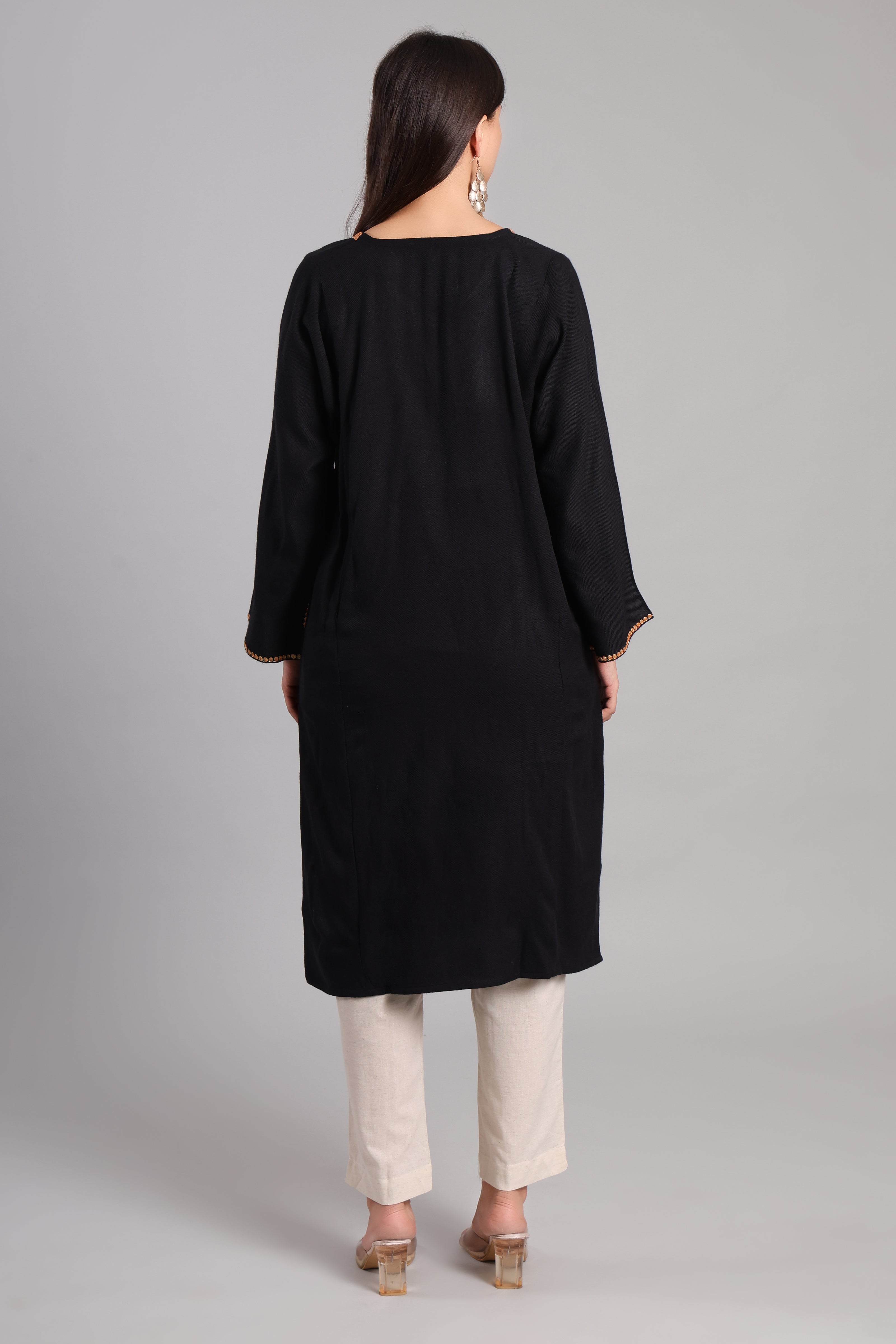 Black Kashmiri Woolen Pheran with Golden Boti Tilla Embroidery