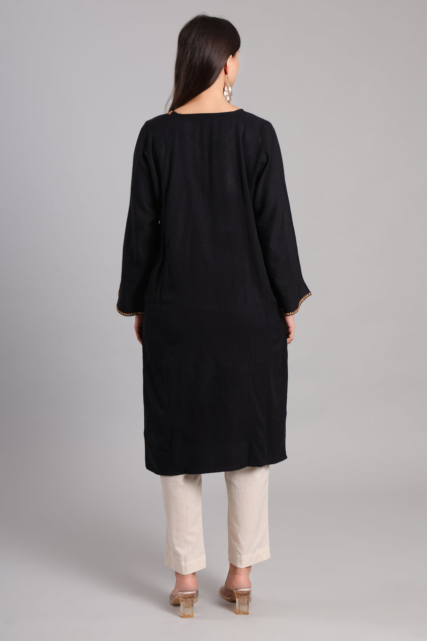 Black Kashmiri Woolen Pheran with Golden Boti Tilla Embroidery