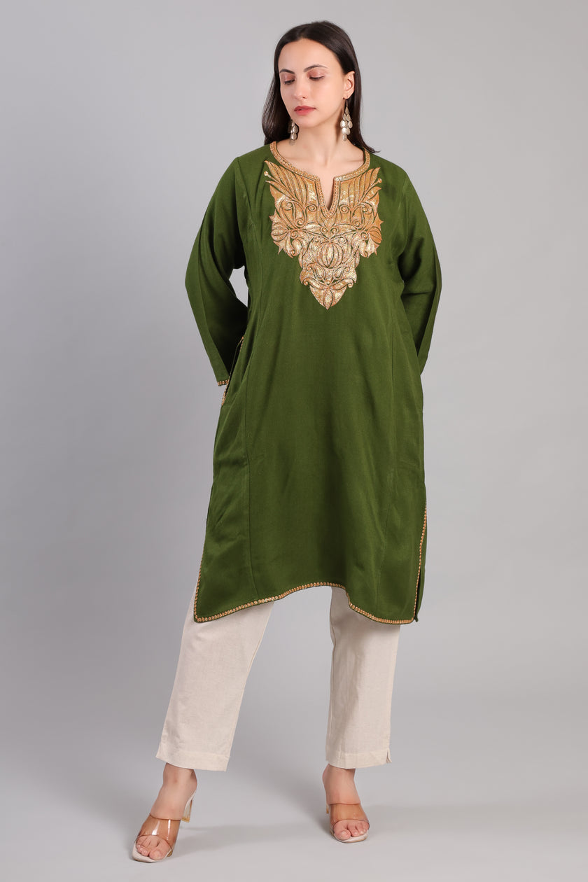 Olive Golden Boti Tilla Embroidered Kashmiri Pheran