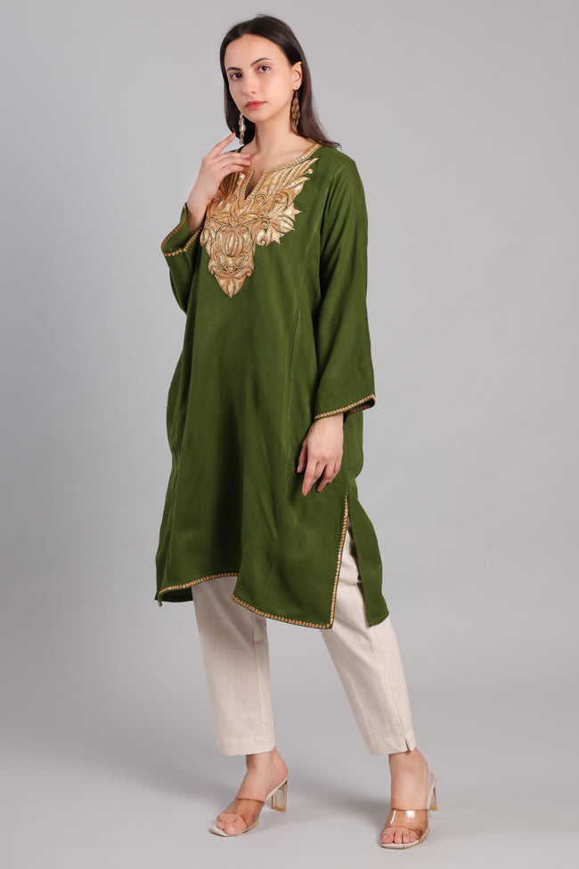 Olive Golden Boti Tilla Embroidered Kashmiri Pheran