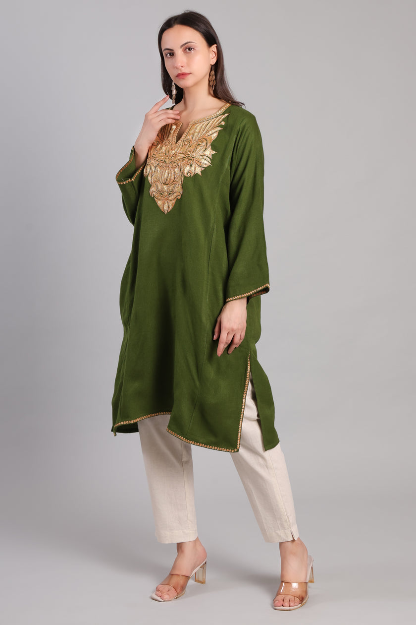Olive Golden Boti Tilla Embroidered Kashmiri Pheran