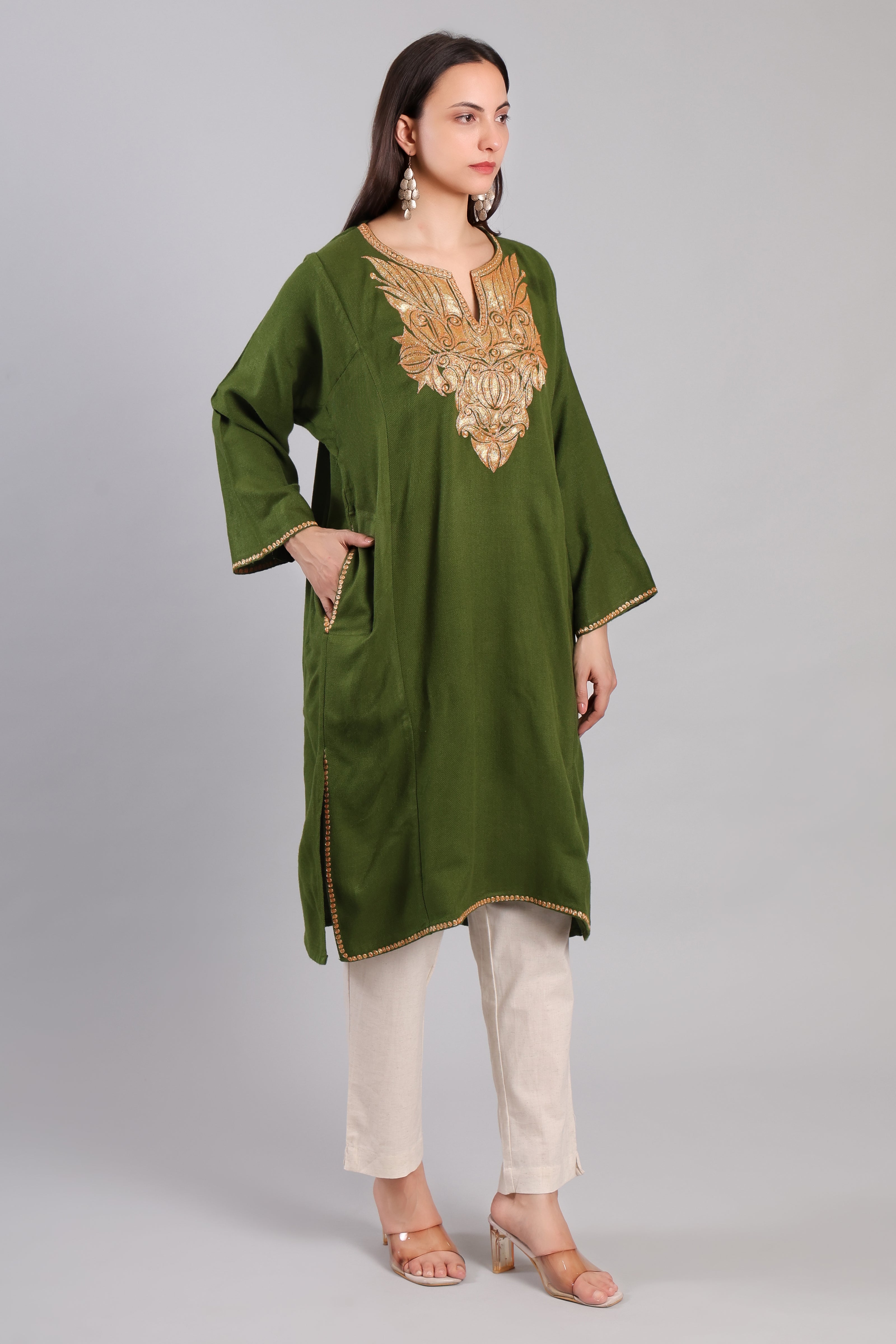Olive Golden Boti Tilla Embroidered Kashmiri Pheran