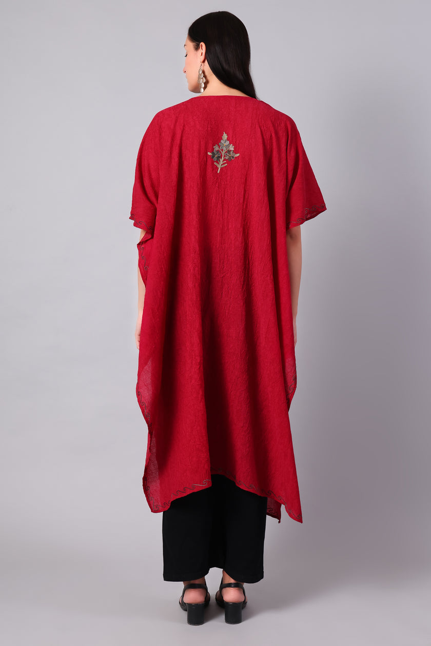 Novbahar Deep Red Kashmiri Kaftan with Antique Gold Aari Embroidery