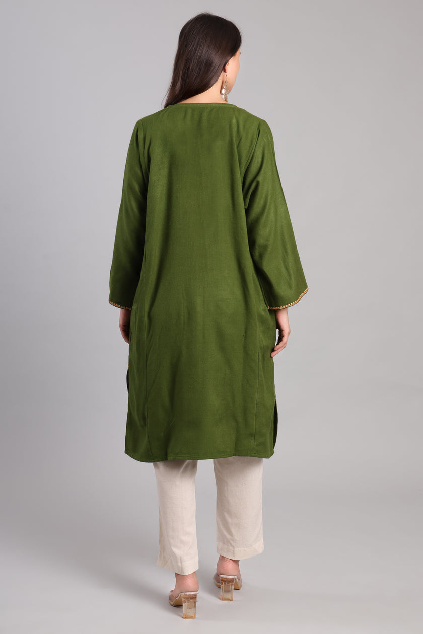 Olive Golden Boti Tilla Embroidered Kashmiri Pheran