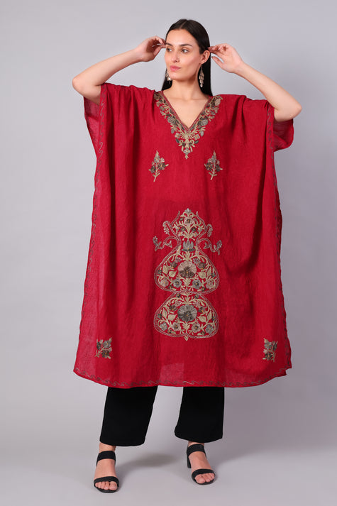 Novbahar Deep Red Kashmiri Kaftan with Antique Gold Aari Embroidery