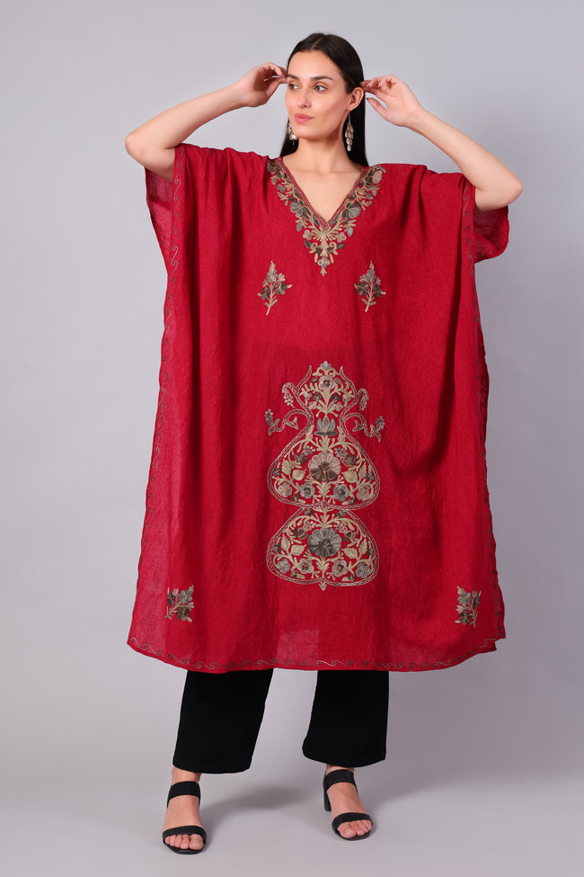 Novbahar Deep Red Kashmiri Kaftan with Antique Gold Aari Embroidery