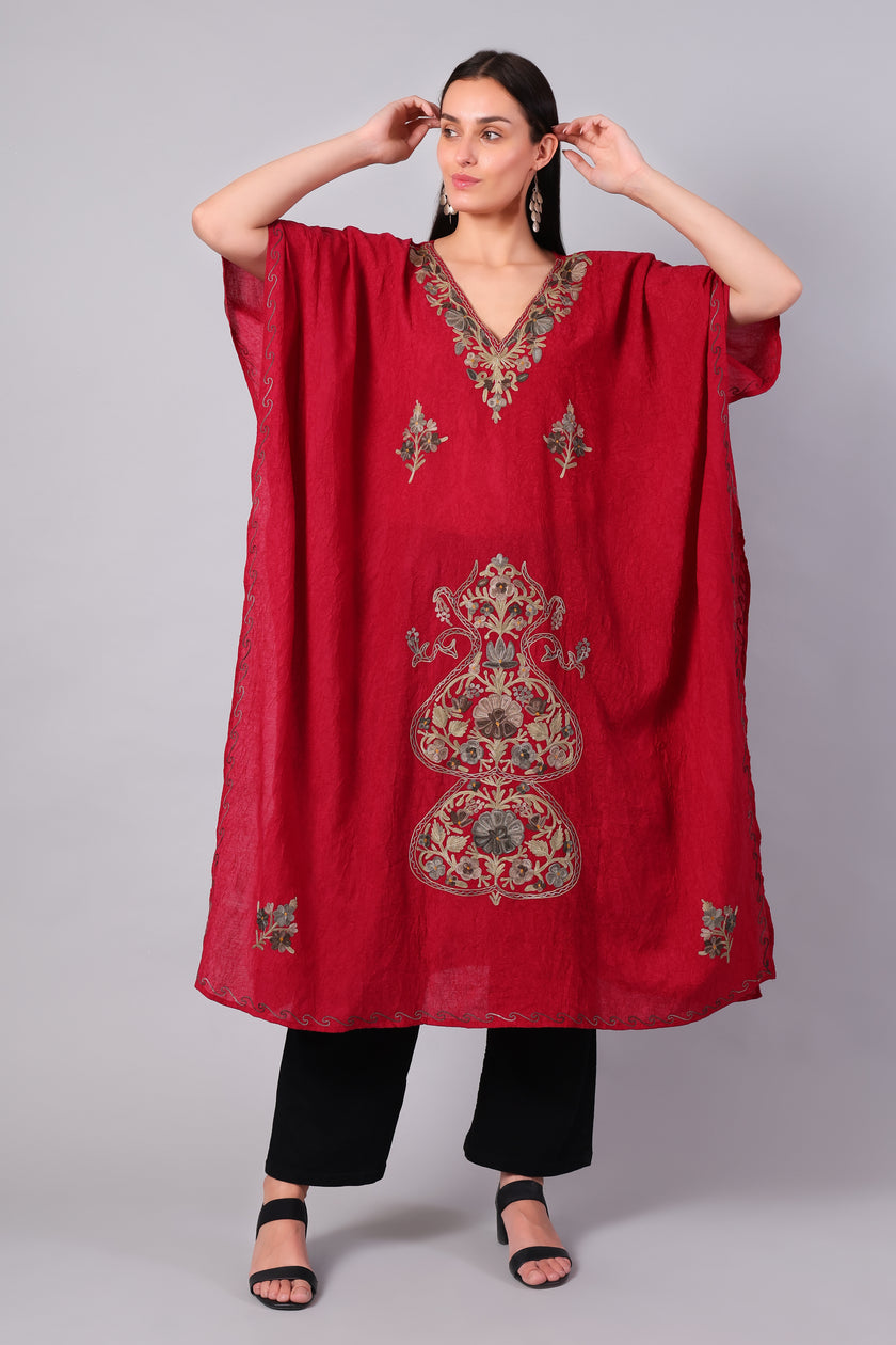 Novbahar Deep Red Kashmiri Kaftan with Antique Gold Aari Embroidery