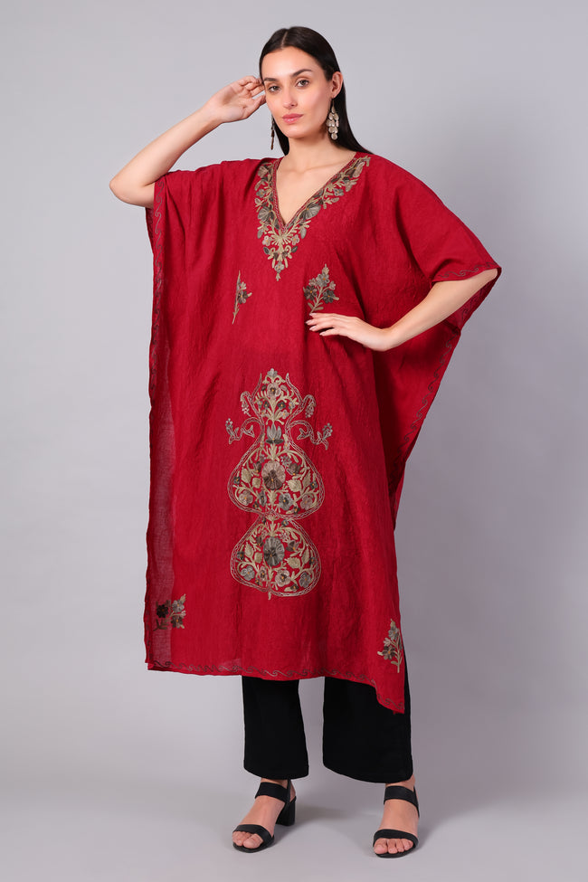 Novbahar Deep Red Kashmiri Kaftan with Antique Gold Aari Embroidery