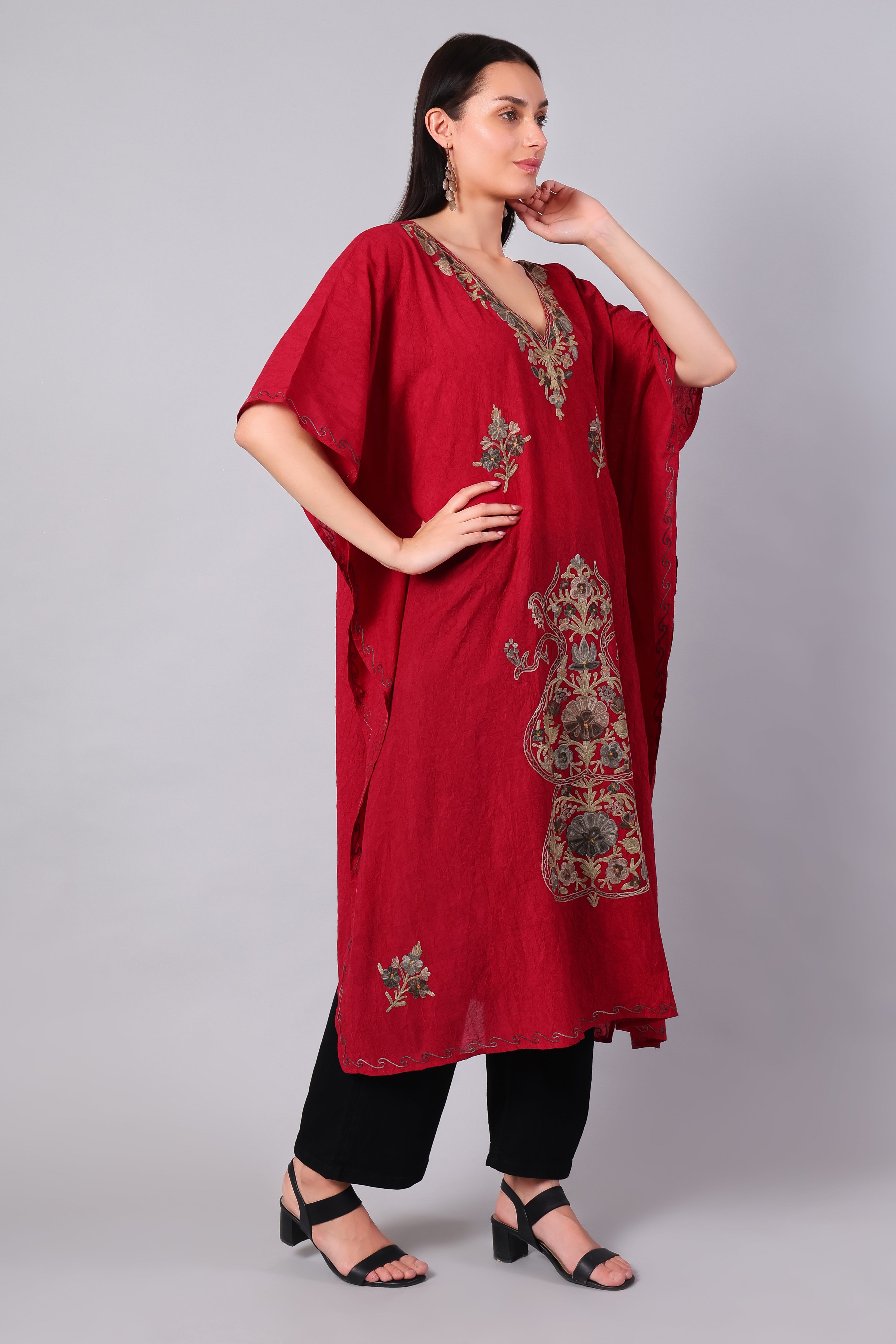 Novbahar Deep Red Kashmiri Kaftan with Antique Gold Aari Embroidery