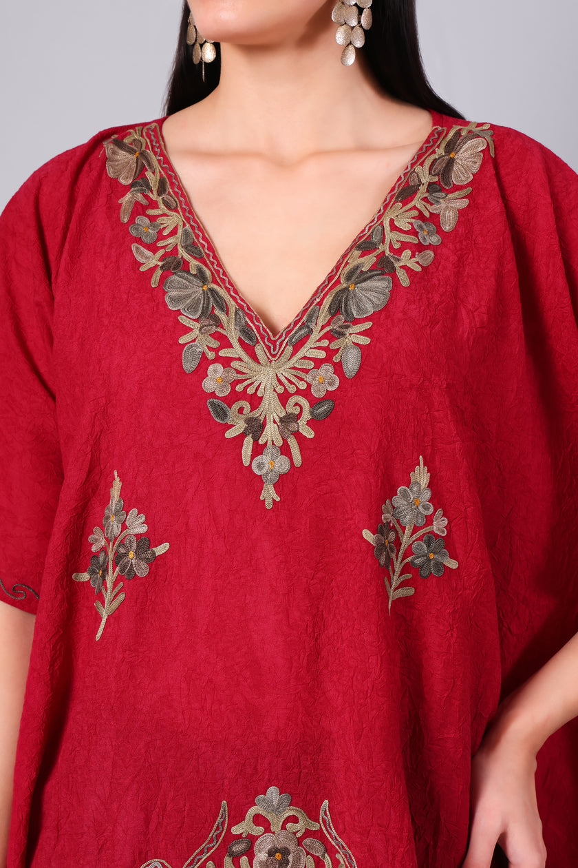 Novbahar Deep Red Kashmiri Kaftan with Antique Gold Aari Embroidery