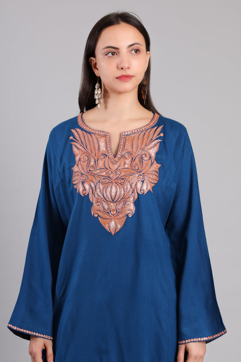 Azure Copper Tilla Embroidered Kashmiri Pheran