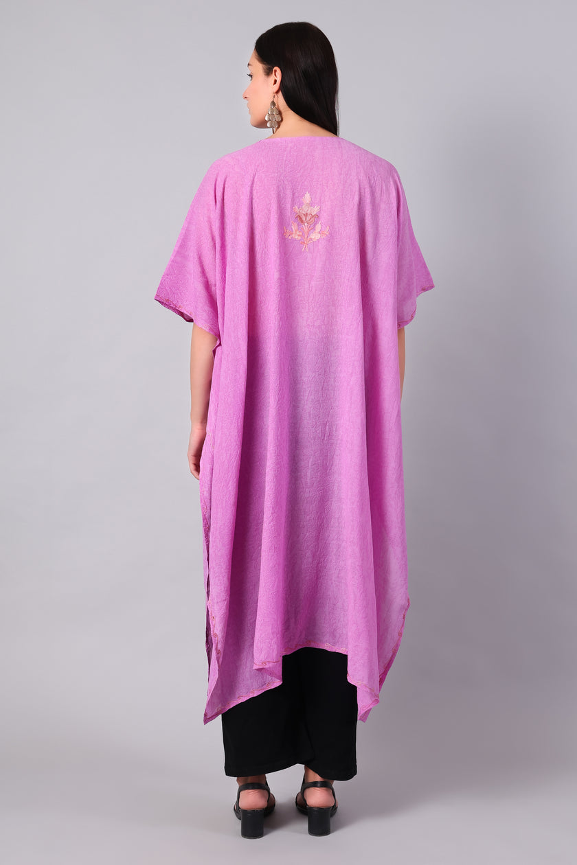 Novbahar Rose Pink Kashmiri Kaftan with Aari Embroidery Medallion