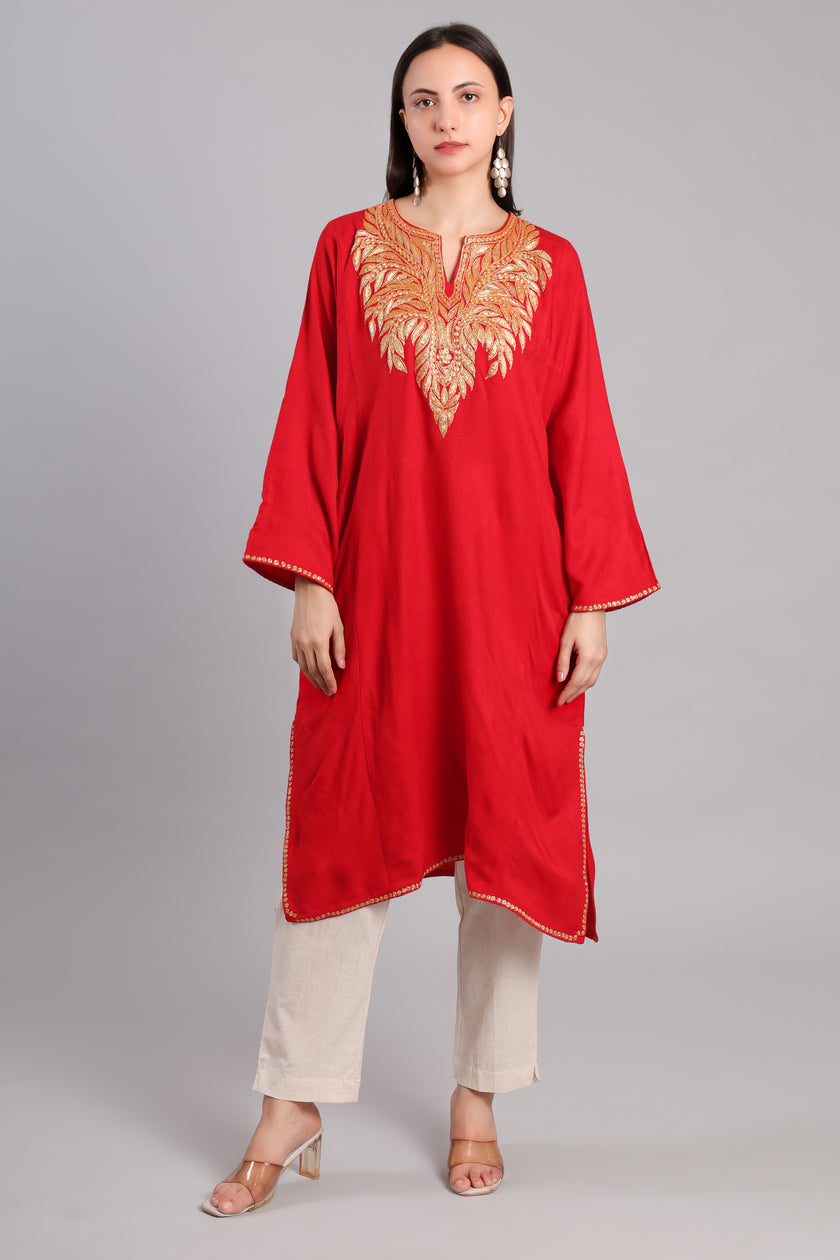 Crimson Gold Tilla Embroidered Kashmiri Pheran