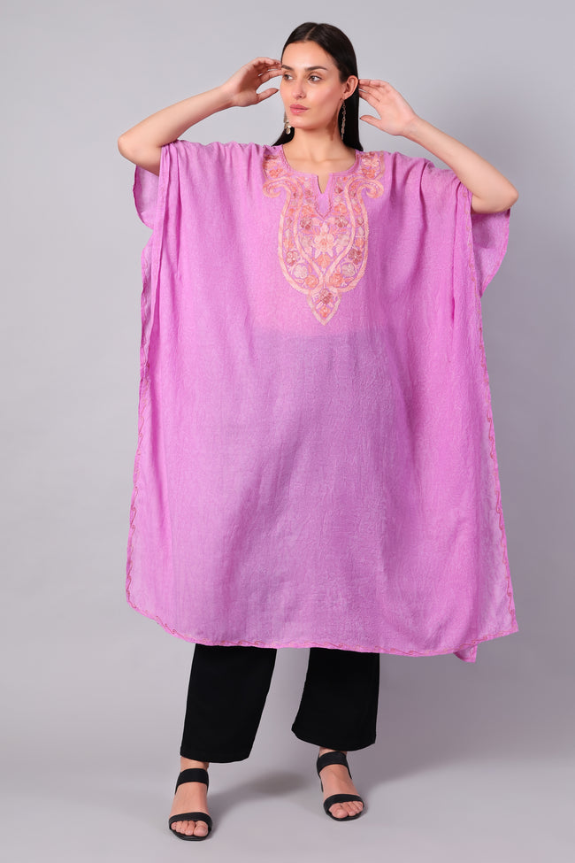 Novbahar Rose Pink Kashmiri Kaftan with Aari Embroidery Medallion