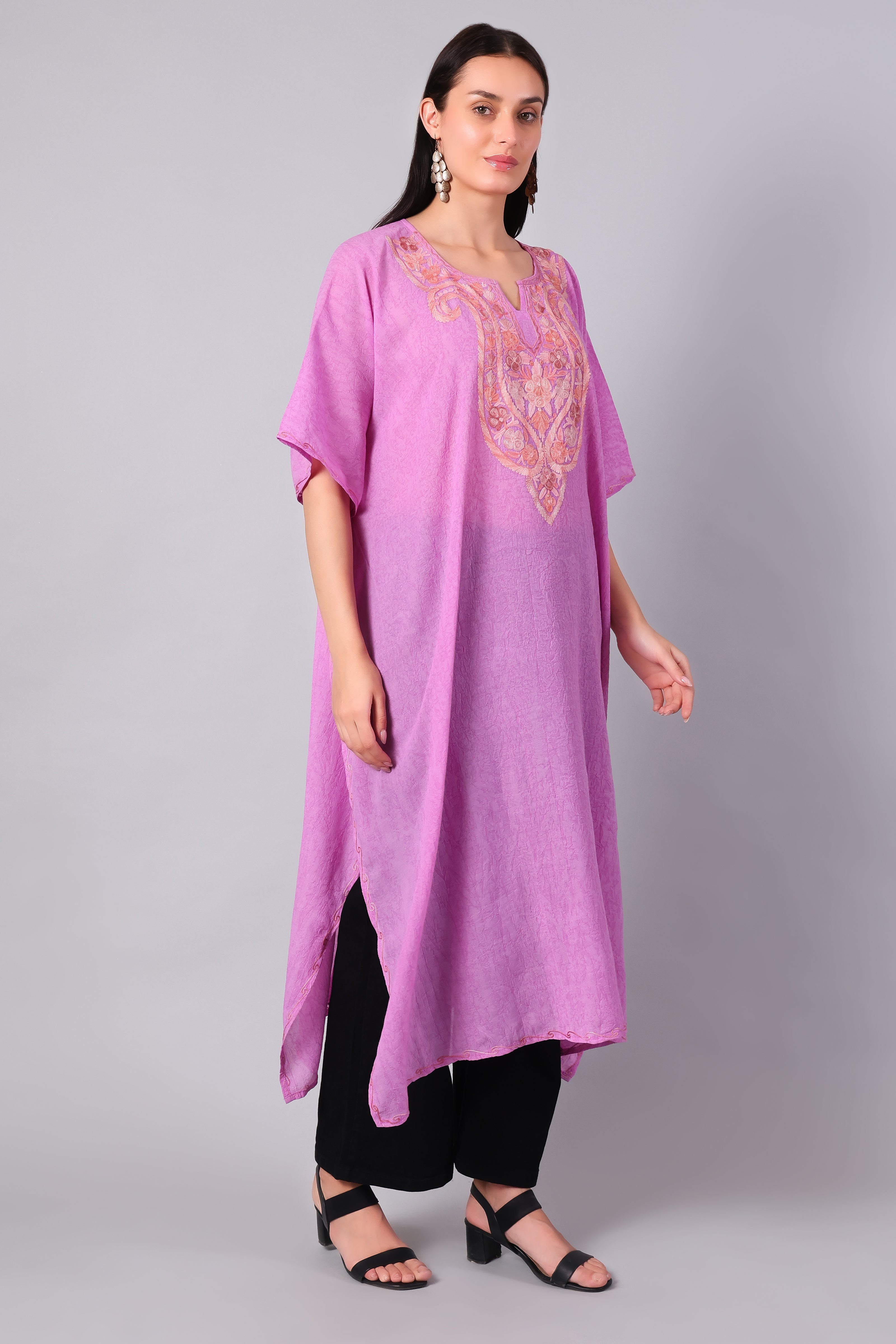 Novbahar Rose Pink Kashmiri Kaftan with Aari Embroidery Medallion