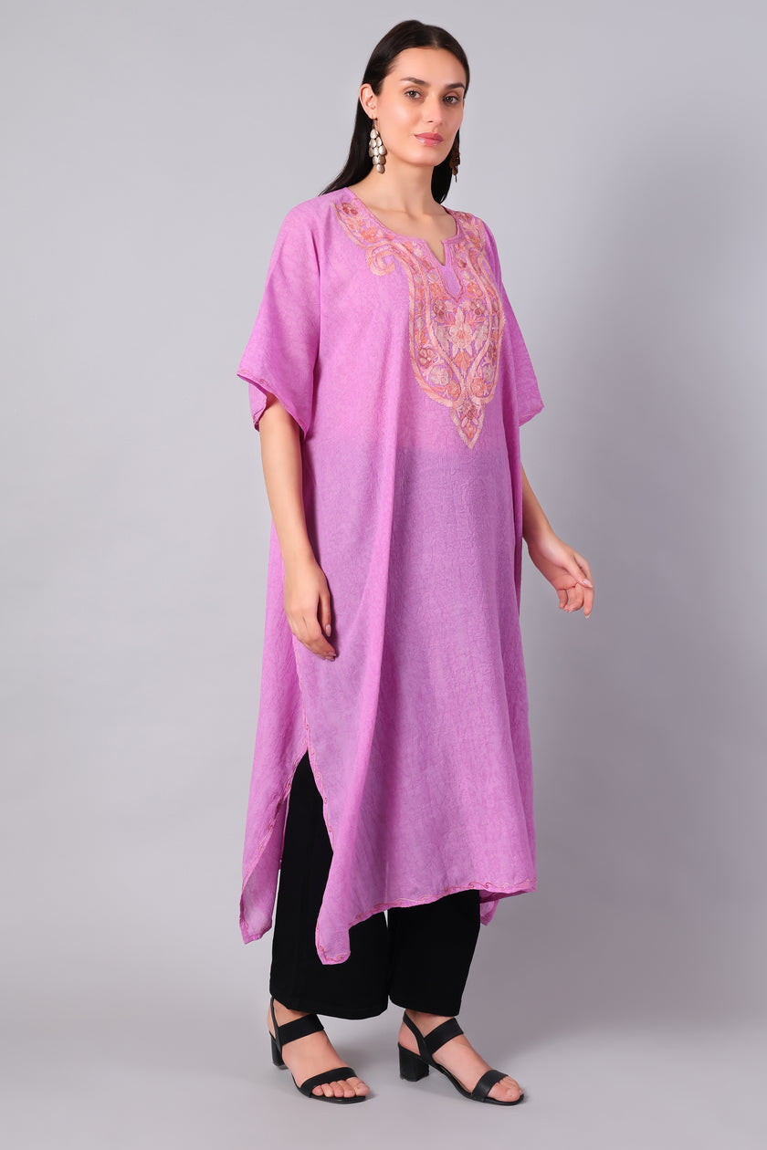 Novbahar Rose Pink Kashmiri Kaftan with Aari Embroidery Medallion