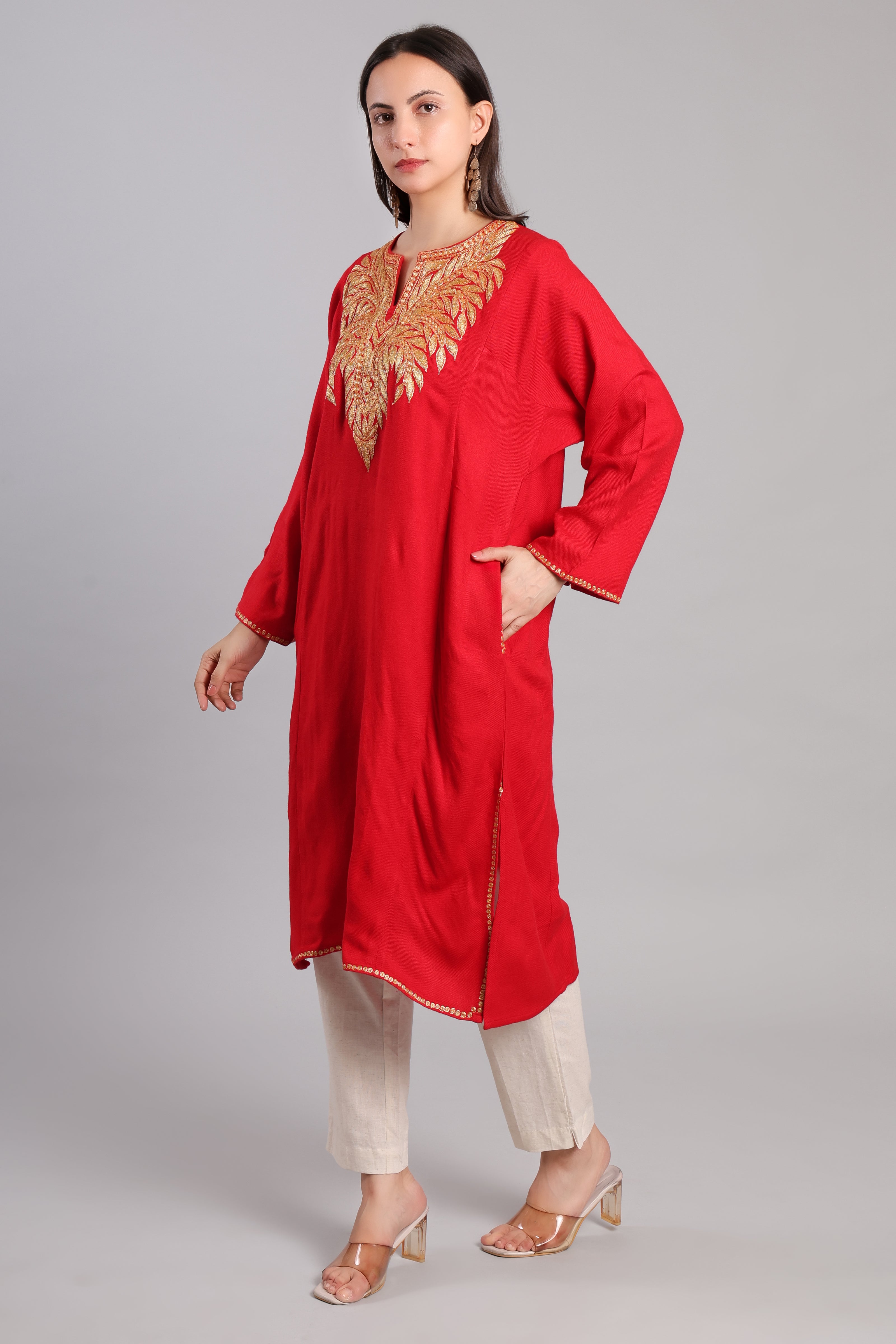 Crimson Gold Tilla Embroidered Kashmiri Pheran