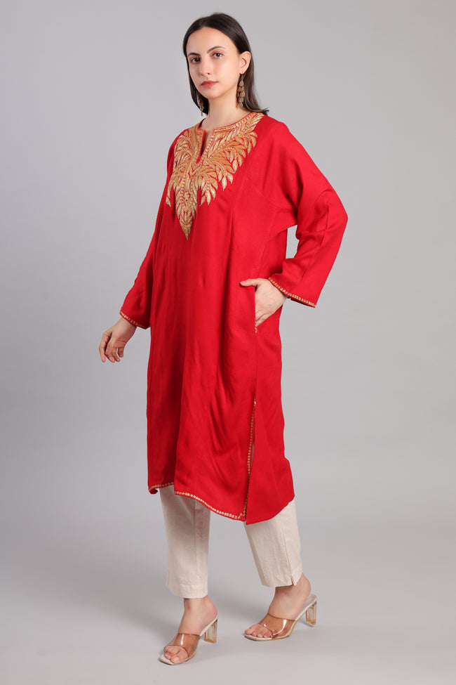 Crimson Gold Tilla Embroidered Kashmiri Pheran