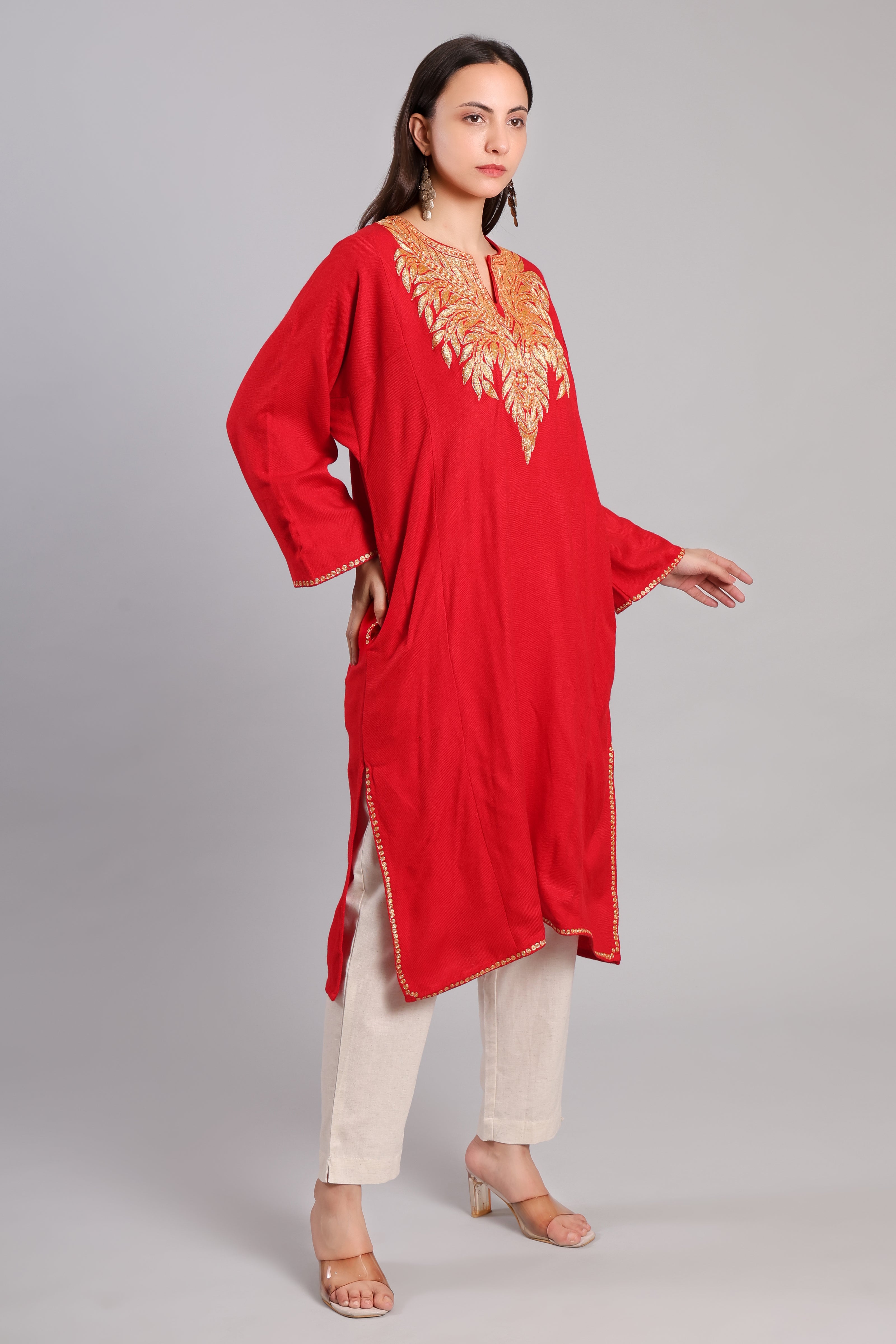 Crimson Gold Tilla Embroidered Kashmiri Pheran