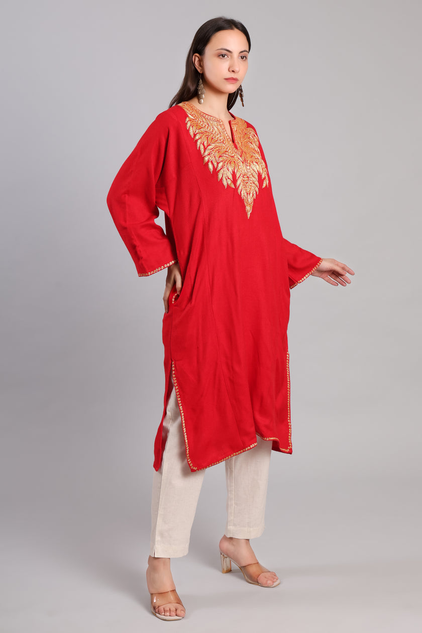Crimson Gold Tilla Embroidered Kashmiri Pheran