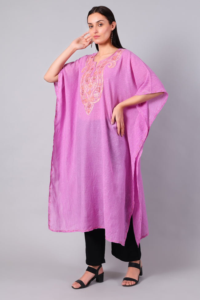 Novbahar Rose Pink Kashmiri Kaftan with Aari Embroidery Medallion