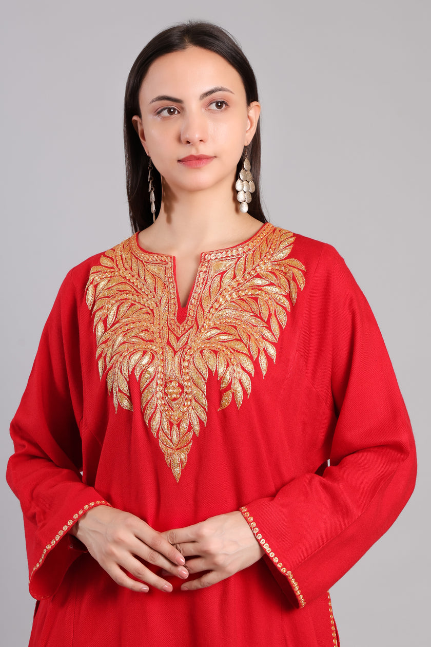 Crimson Gold Tilla Embroidered Kashmiri Pheran