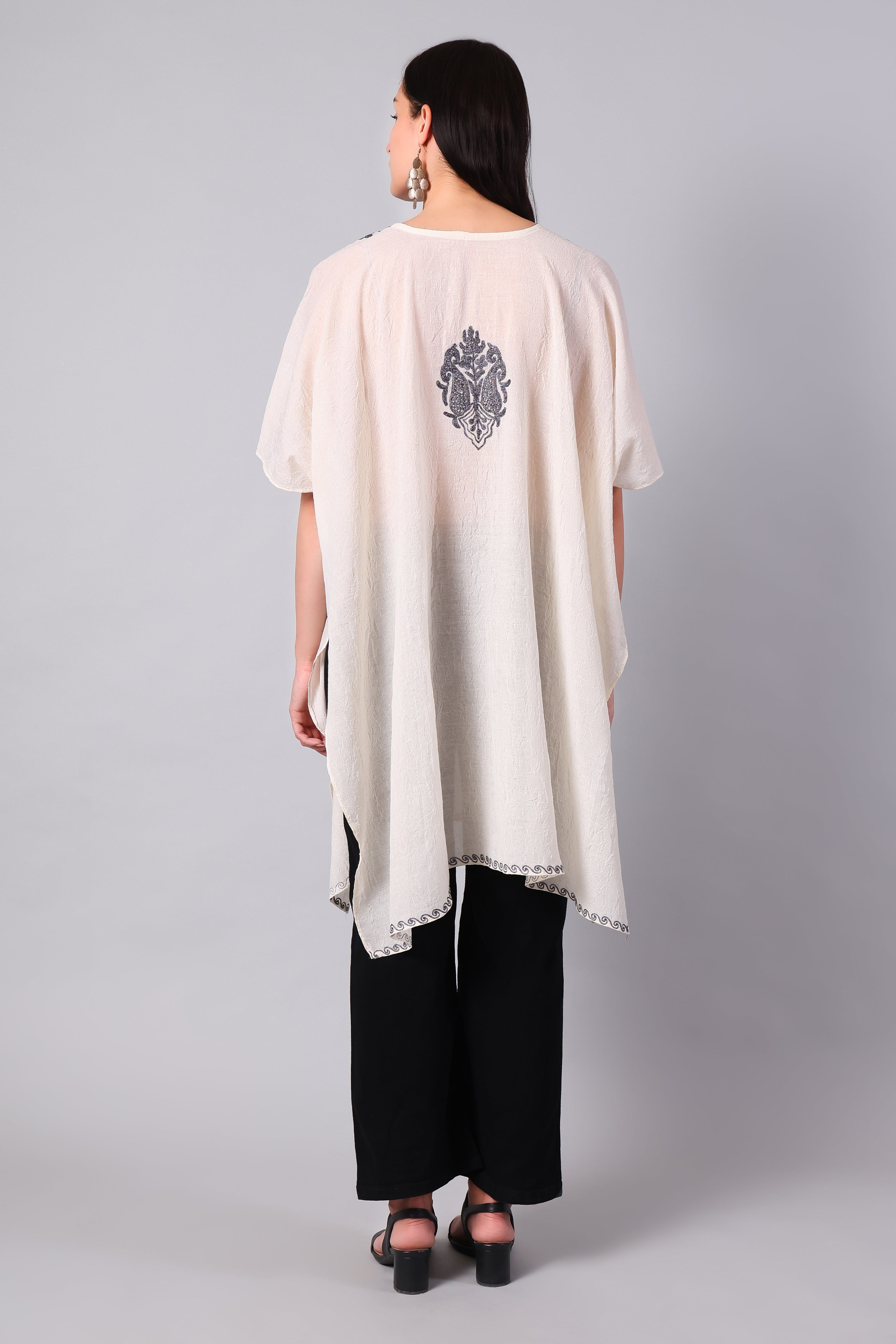 Novbahar Off-White Kashmiri Kaftan with Charcoal Aari Embroidery