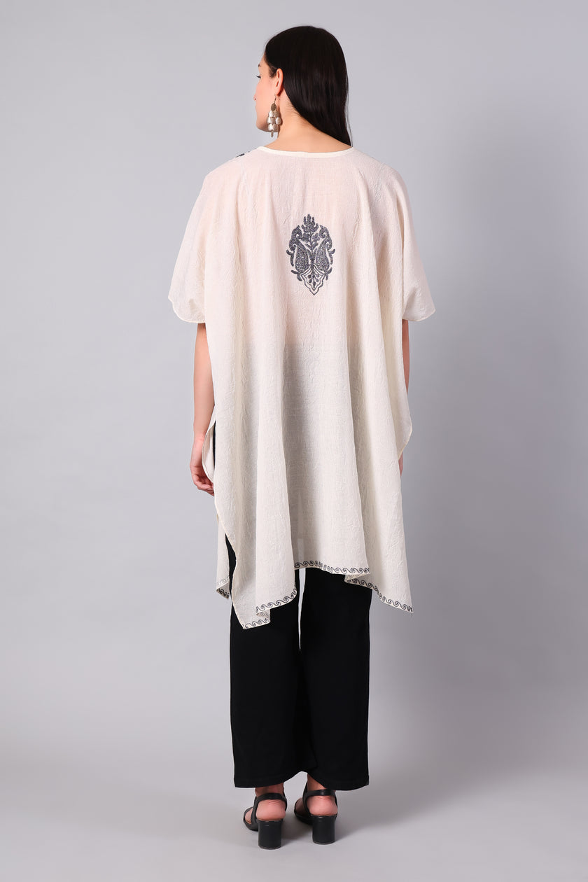 Novbahar Off-White Kashmiri Kaftan with Charcoal Aari Embroidery