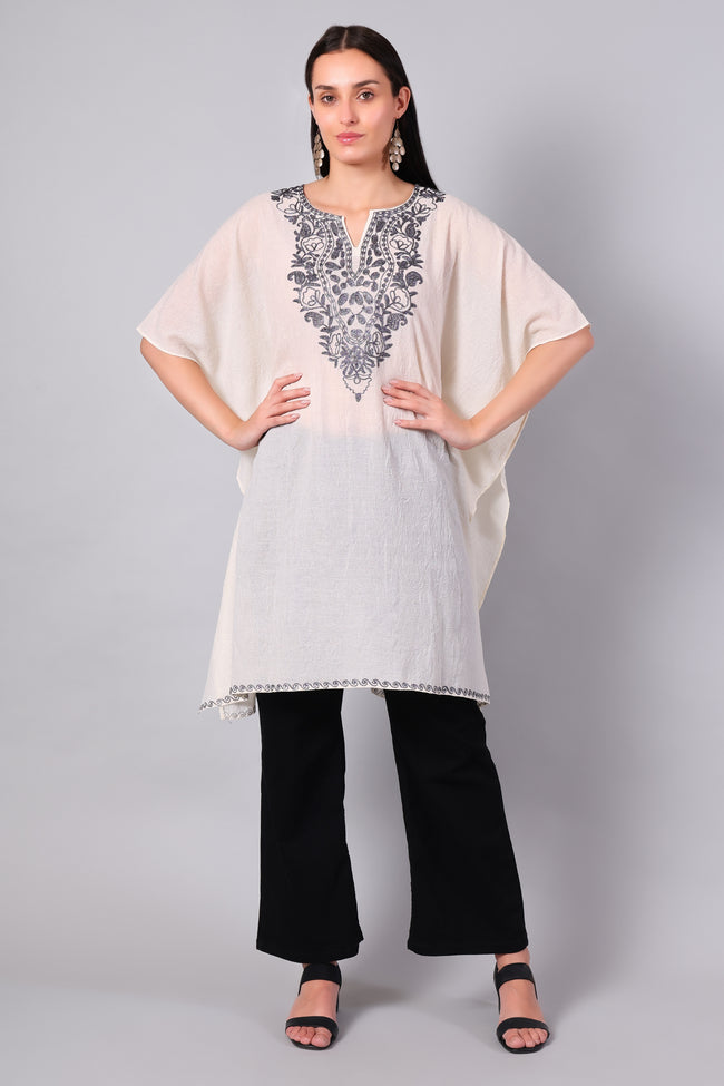 Novbahar Off-White Kashmiri Kaftan with Charcoal Aari Embroidery
