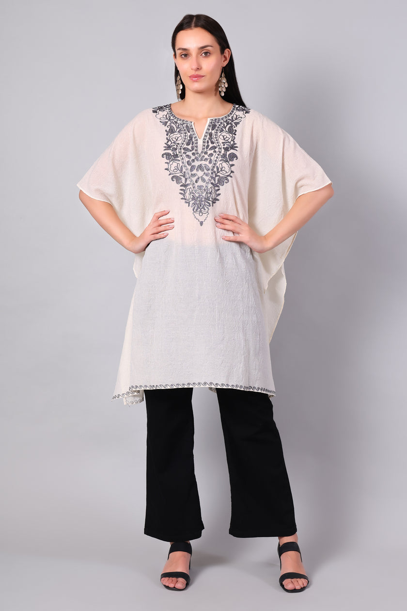 Novbahar Off-White Kashmiri Kaftan with Charcoal Aari Embroidery